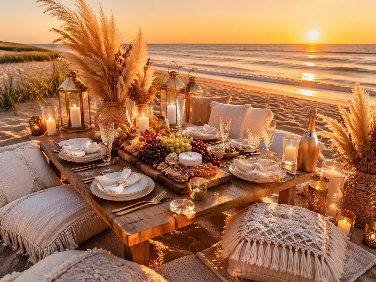 Luxury bohemian picnic setup on a Hamptons beach with charcuterie, champagne, and pillows at sunset